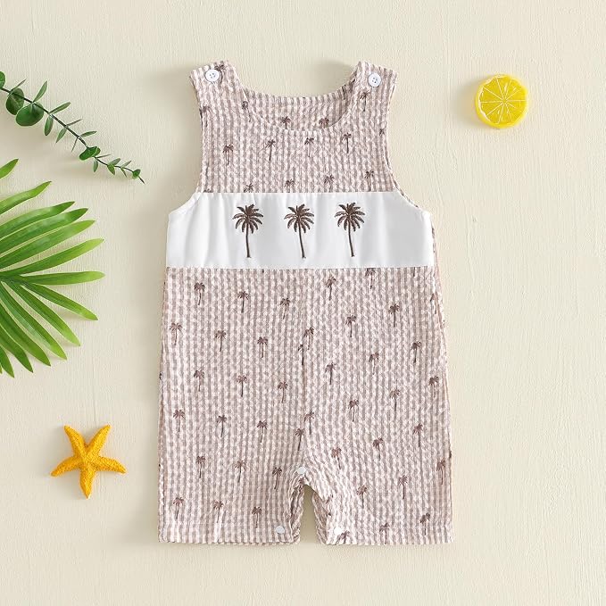 Newborn Baby Boys Sleeveless Seersucker Romper One Piece Straps Overalls - Image 2