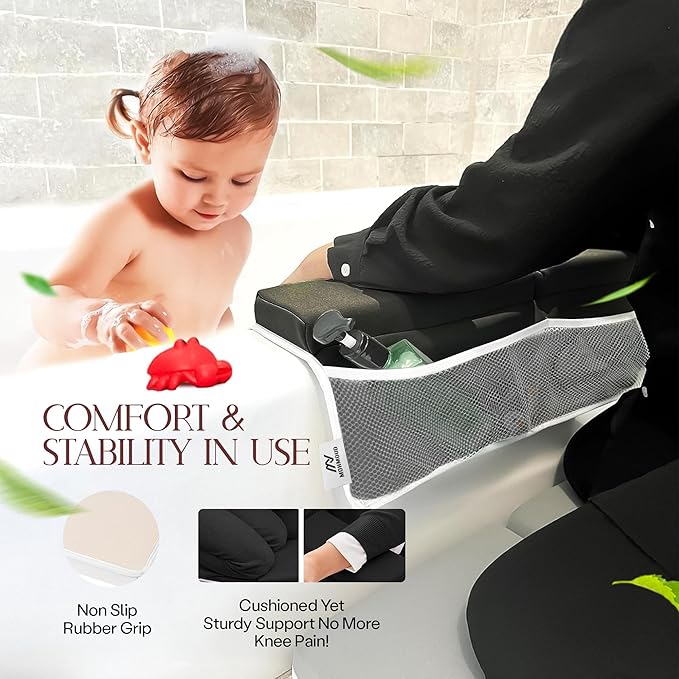 Baby Bath Kneeler & Elbow Rest Pad – Extra Thick Foam Pads for Comfort | Non-Slip, Machine Washable with Mesh Pockets & Suction Cups | Bonus Baby Brush & Washcloth – Thoughtful Gift for New Parents
