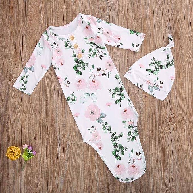 Newborn Baby Girl Floral Sleep Gown Headband Sleepwear Outfit - Image 3