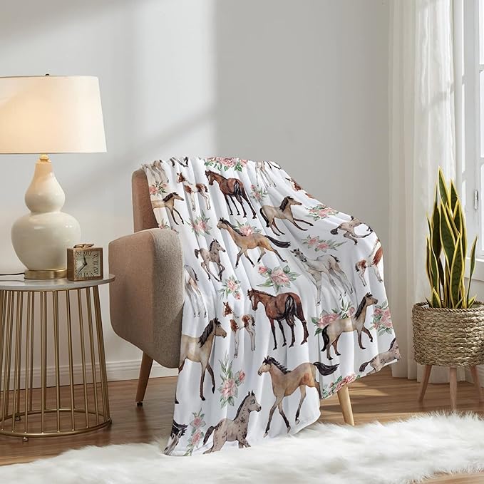 Horse Rose Blanket for Boys Girls, Flowers Kids Throw Blanket Gift for Child, Fluffy Cozy Soft Lightweight Blankets for Bed Office, 40x50 Inches