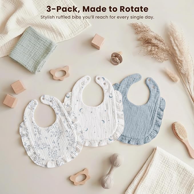 Konssy 3-Pack Muslin Baby Girl Bibs, 100% Cotton - Image 9