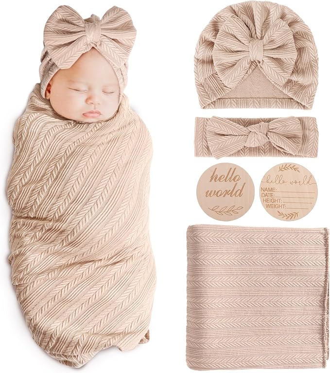 AQOKKA Newborn Receiving Blanket Wheat Ear Bow Hat Hairband Set by AQOKKA