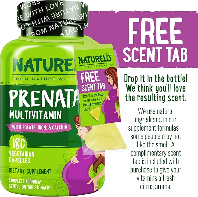 NATURELO Prenatal Multivitamin with Gentle Chelated Iron, Methyl Folate, Plant Calcium & Choline - Vegan, Vegetarian - Non-GMO - Gluten Free - 180 Capsules - 2 Month Supply