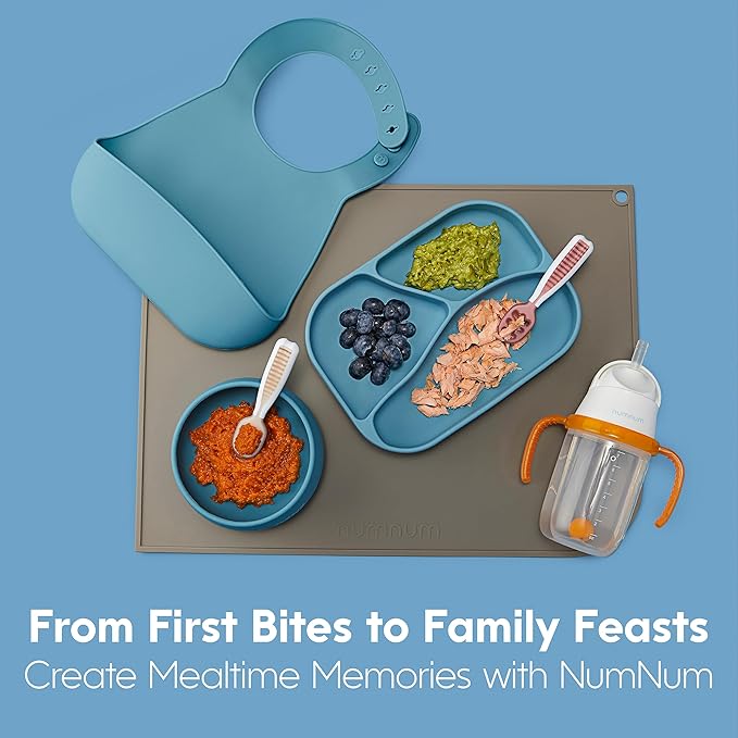 NumNum Baby Spoons Set, Silicone Pre-Spoon GOOtensils for Kids Aged 6+ Months - First Stage, Baby Led Weaning (BLW), Teething Spoon - Travel Case + 2 Spoons, Blue/Navy