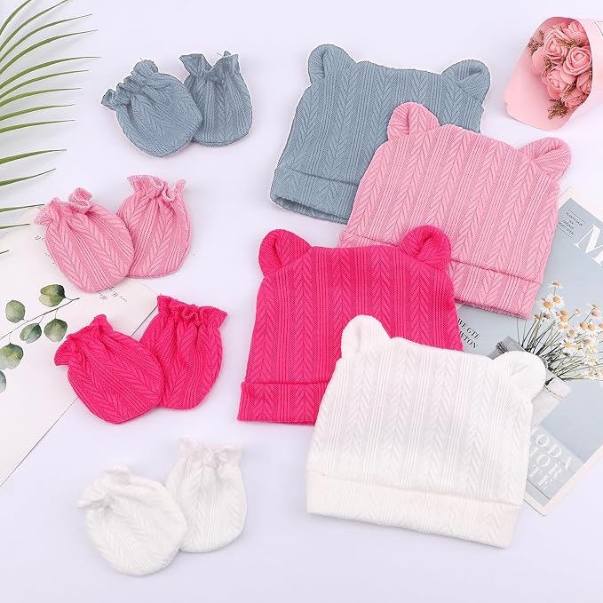 Newborn Baby Hat and Mittens Set Bear Ears Toddler Infant Beanie Caps Newborn - Image 4