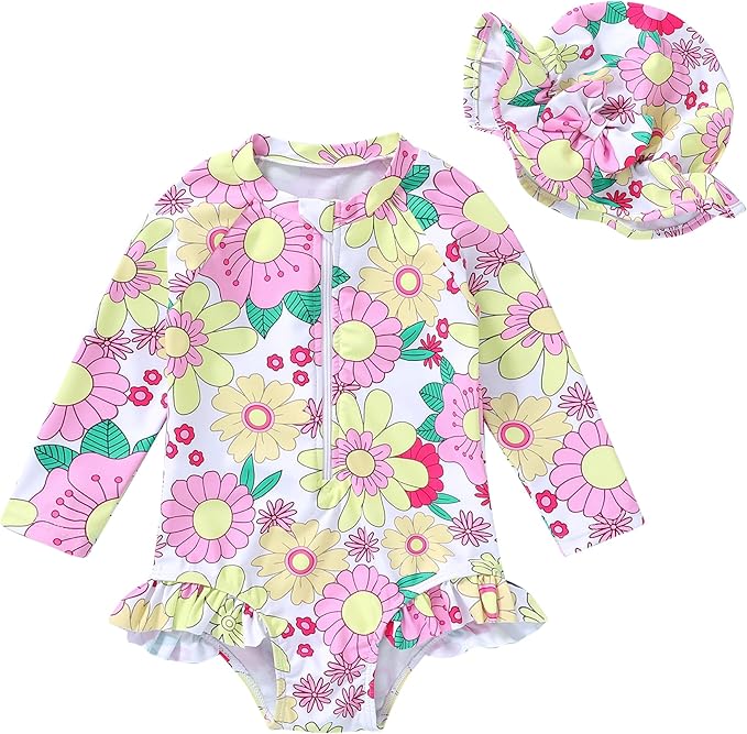 Infant Baby Girl Swimsuit One-Piece Long Sleeve Rash Guard with Hat Set Floral Zipper Bathing Suit Leopard Beach Wear