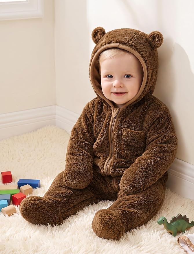 Jecson Baby Snowsuit Newborn Bear Hooded Fleece Outfit Baby Clothes 0M-12M - Image 2