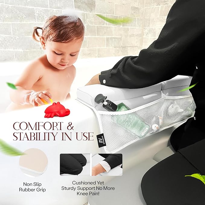 Baby Bath Kneeler & Elbow Rest Pad – Extra Thick Foam Pads for Comfort | Non-Slip, Machine Washable with Mesh Pockets & Suction Cups | Bonus Baby Brush & Washcloth – Thoughtful Gift for New Parents