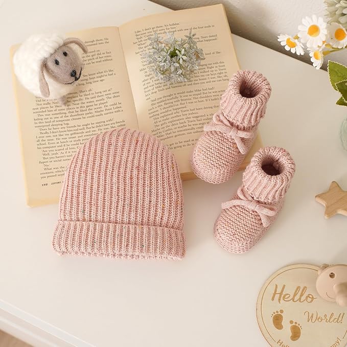 LAWKUL Baby Beanie and Booties 2-Piece Set | Newborn, Knit Hat, Cotton Sock - Image 4
