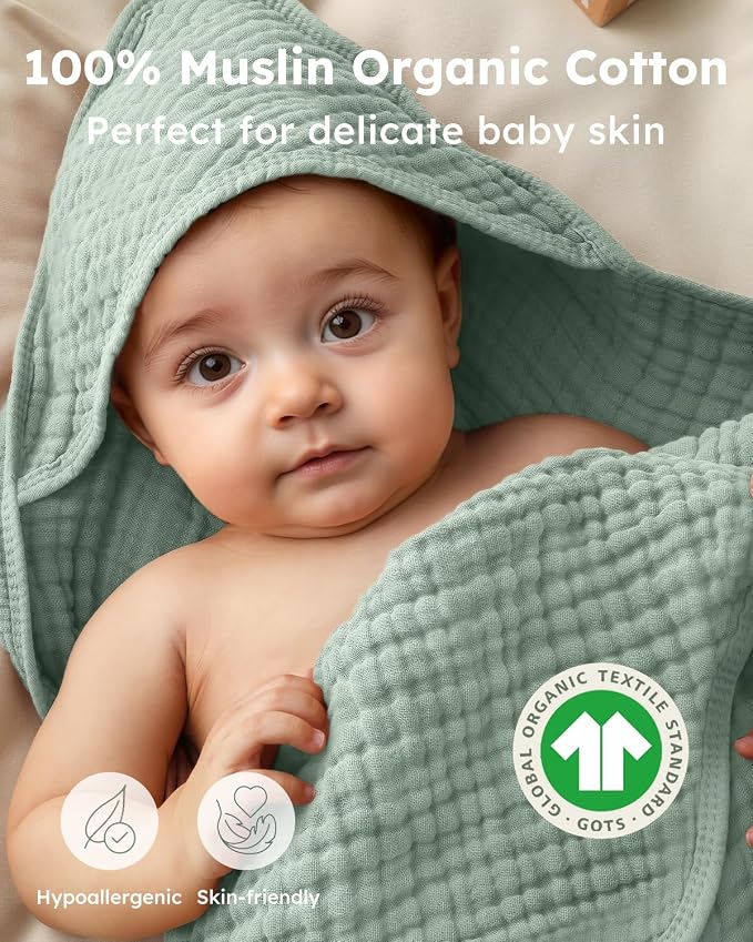 Yoofoss Hooded Baby Bath Towels 2 Pack 100% Muslin Organic Cotton - Image 2