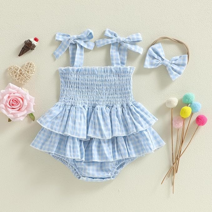 Newborn Baby Girl Summer Clothes Plaid Ruffle Bodysuits Onesie Infant Girl - Image 3