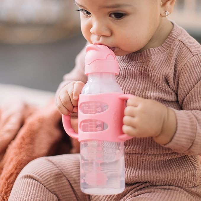 Dr. Brown's Milestones Narrow Sippy Straw Bottle, Spill-Proof with 100% Silicone Handles and Weighted Straw, 8 oz/250 mL, Pink, 6m+ (Pack of 2)
