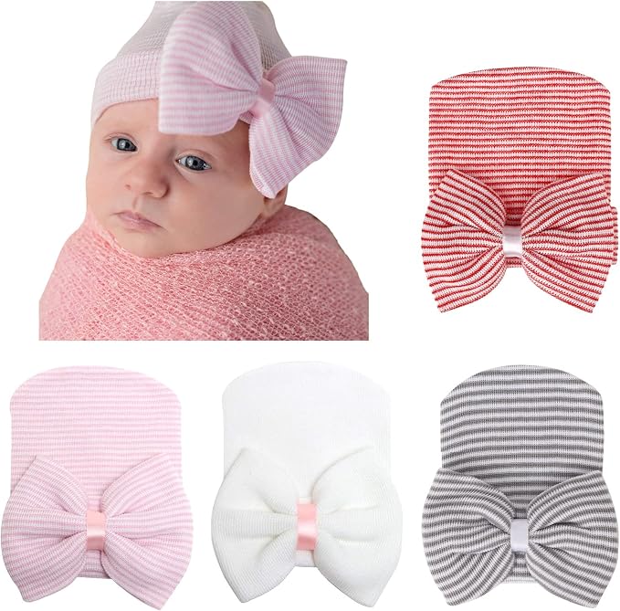 Newborn Baby Girl Hats with Bow No Scratch Cotton Toddler Infant Hat Beanie by AQOKKA