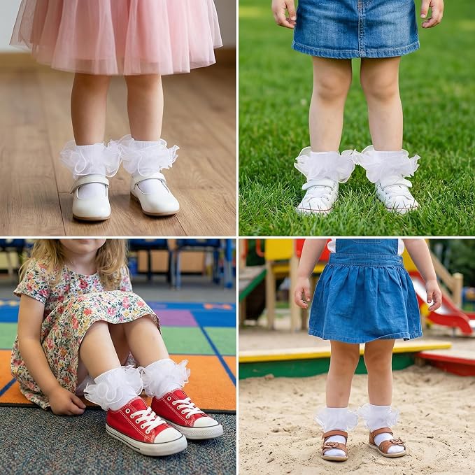 Topbuti 4 Pairs Baby Girls Ruffle Socks Double Lace Frilly Turn Cuff Cotton - Image 6