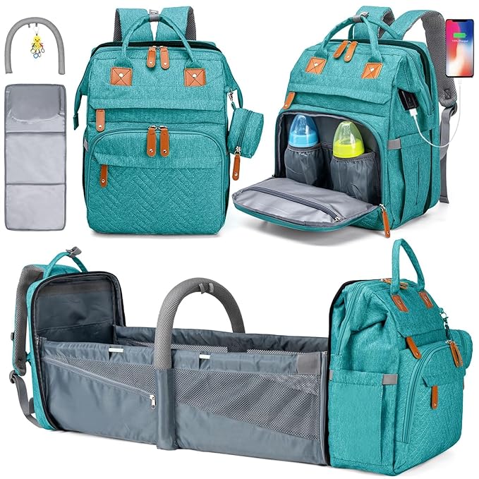 KABAQOO Diaper Bag Backpack with Detachable Changing Station, Large Capacity Baby Diaper Bags for Boys & Girls, Baby Registry Search Stuff & Shower Gifts, Newborn Essentials Must Haves, Lake Blue