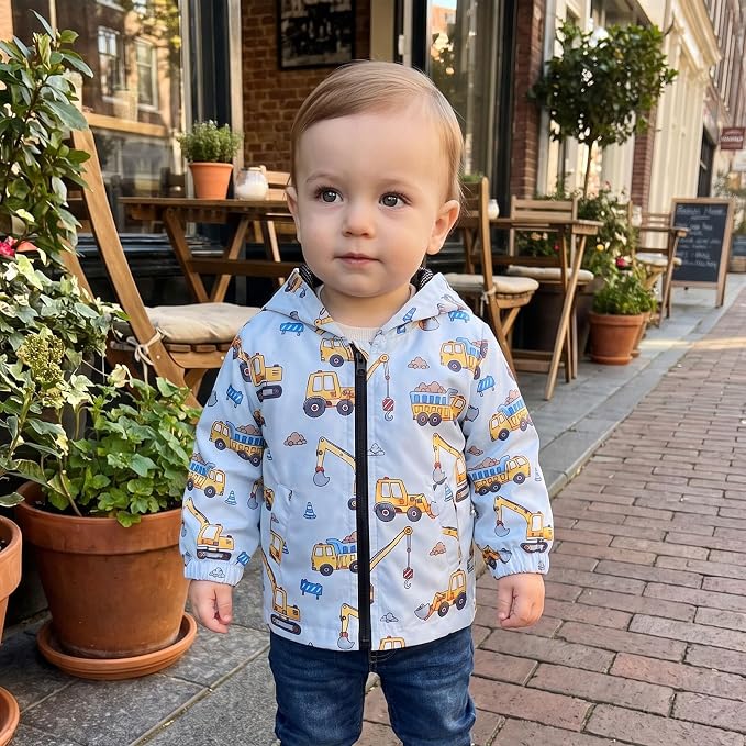 Toddler Baby Boy Lightweight Hooded Jacket Excavator Coat Outwear | Truck Print - Image 2