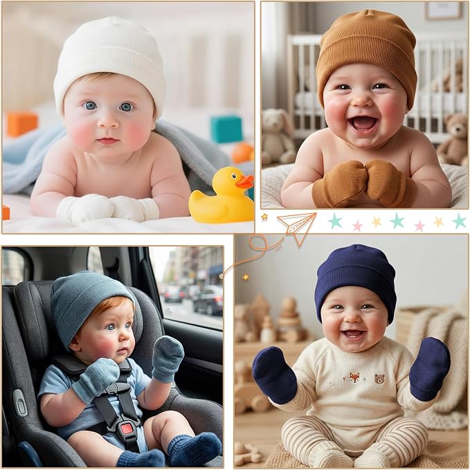 BQUBO Newborn Baby Hats Mittens Set Hospital Hat Beanie Infant Caps Baby Gloves - Image 3