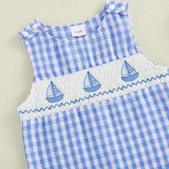 Newborn Baby Boys Sleeveless Seersucker Romper One Piece Straps Overalls - Image 4