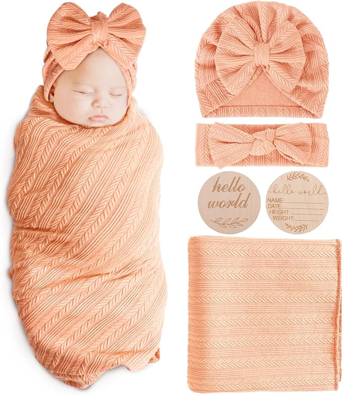 AQOKKA Newborn Receiving Blanket Wheat Ear Bow Hat Hairband Set by AQOKKA