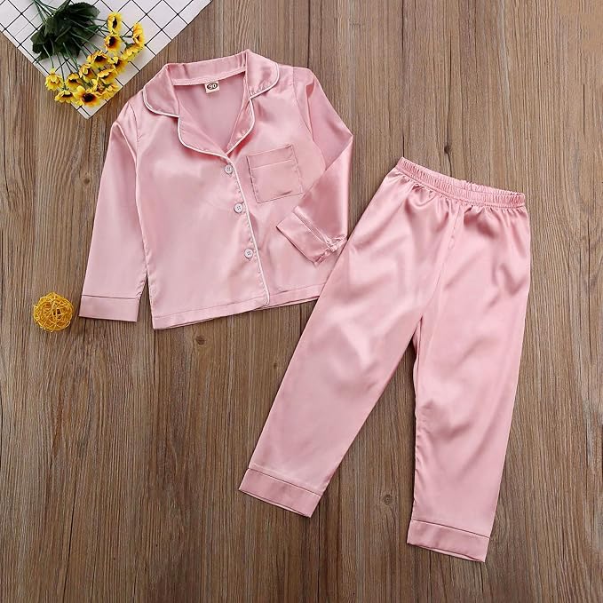 Kids Baby Girl Boy Satin Pajamas Set Button Down Sleep Shirt Top+Long Pants - Image 5