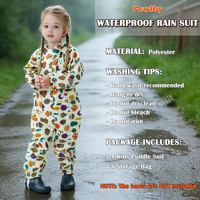 Fewlby Kids Toddler Rain Suit for Boys Girls One Piece Hoodie Zipper Cartoon - Image 3