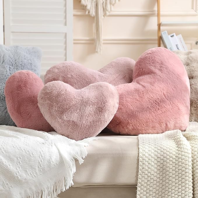 EastTree Heart Pillows, Dusty Pink Heart Shaped Pillows, Love Throw Pillows Gifts, Soft Faux Rabbit Fur Cute Pillows, Women Girls Kid Room Decor 10x13 Inch