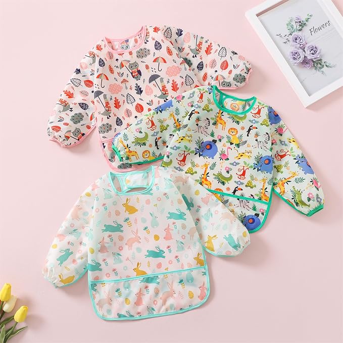 3 Pcs Waterproof Long Sleeves Baby Bibs Weaning Smock Bib 3-24 Months - Image 2