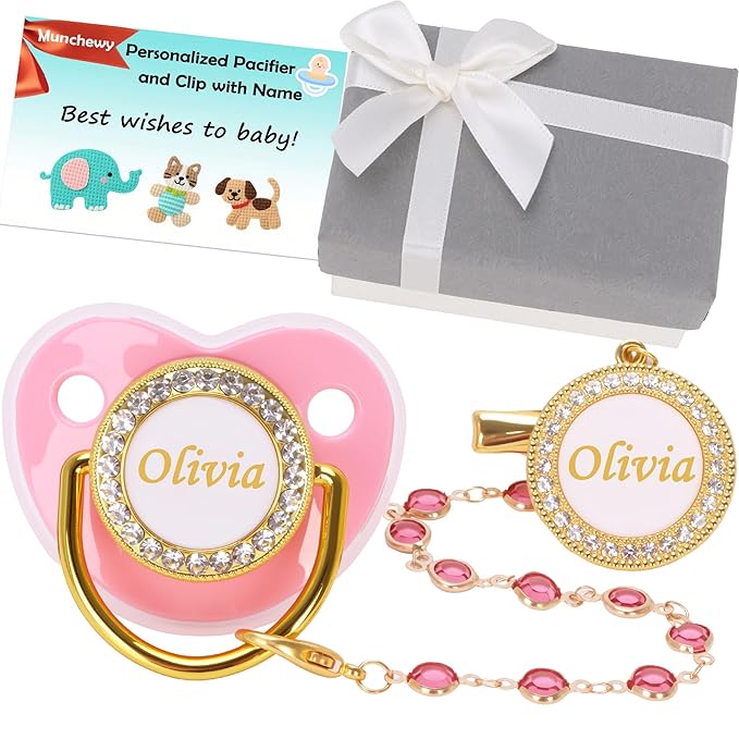Custom Pacifier with Name, Bling Personalized Pacifier Clip Set with Gift Box Greeting Card, Glitter Crystal Luxurious Soother Dummy Ideal Gift for Girls Baby Shower Newborn Photography(Pink)