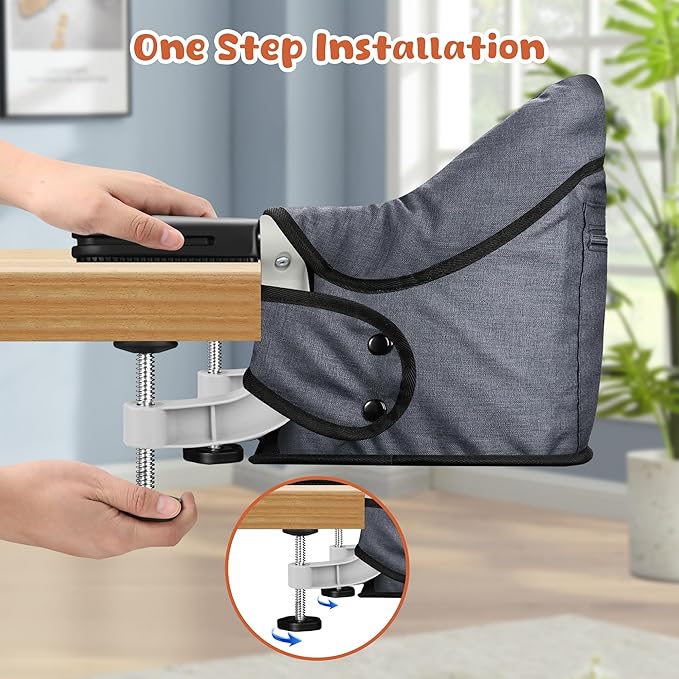 Hook On High Chair, Jozzve Baby High Chair, Portable High Chair for Travel, Foldable Fast Table Chair with Storage Bag, Baby Feeding Seat Clip On High Chair for Home and Travel (Grey)