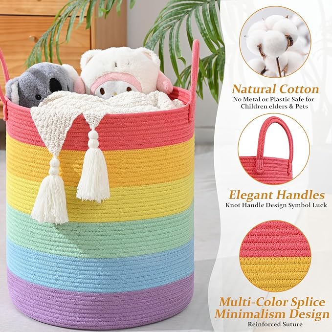 52L Rainbow Storage Basket for Organizing, 15"×18" Large Tall Laundry Baskets, Cotton Rope Woven Blanket Basket, Toy Storage for Kids, Collapsible Laundry Hamper for Living Room, Nursery Room