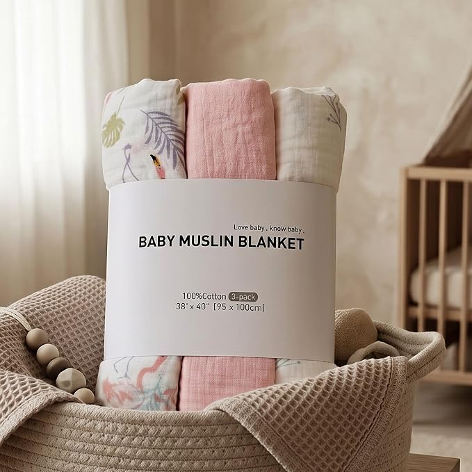 Muslin Swaddle Blankets for Newborn, 3 Pack Breathable Soft Receiving Blanket - Image 9