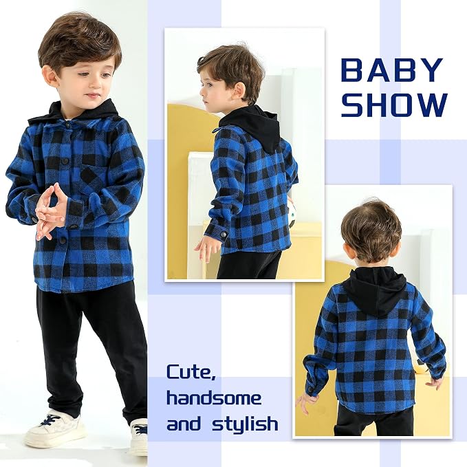 YOUNGER STAR Toddler Kids Boys Girls Flannel Hooded Plaid Shirt Button Baby Red - Image 4