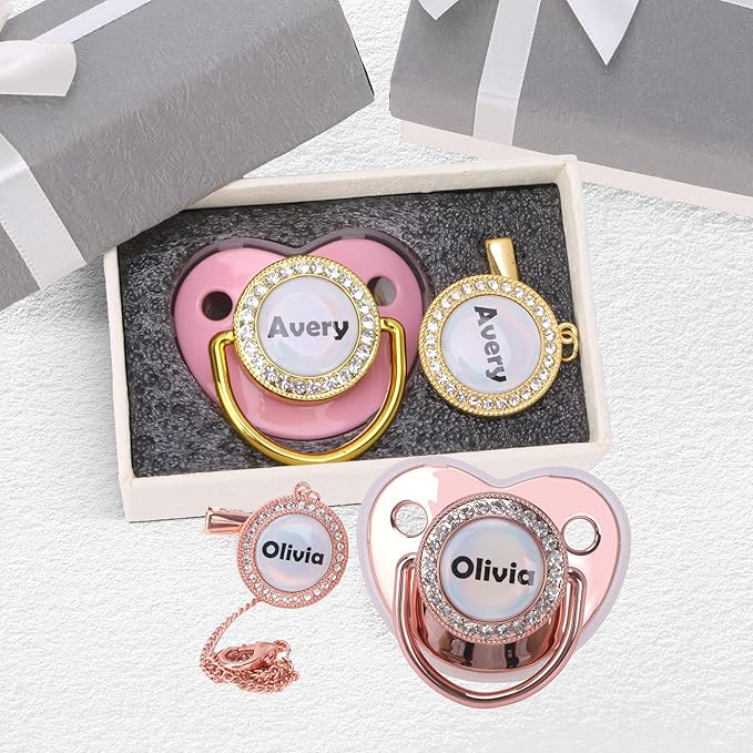 Custom Pacifier with Name, Bling Personalized Pacifier Clip Set with Gift Box Greeting Card, Glitter Crystal Luxurious Soother Dummy Ideal Gift for Girls Baby Shower Newborn Photography(Pink)