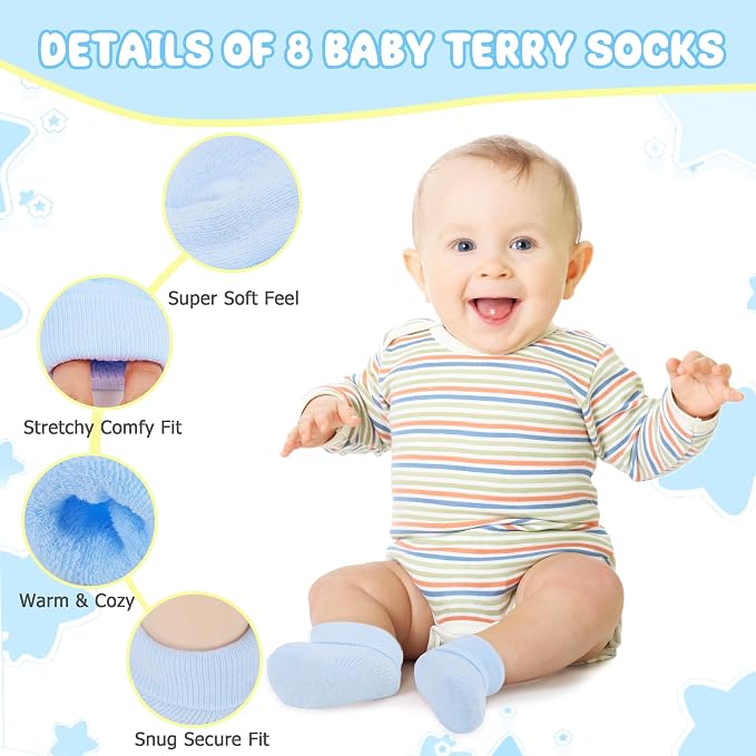 8 Pairs Newborn Socks Thick Cotton Terry Turn Cuff Baby Socks 0-6 Months Cute - Image 2