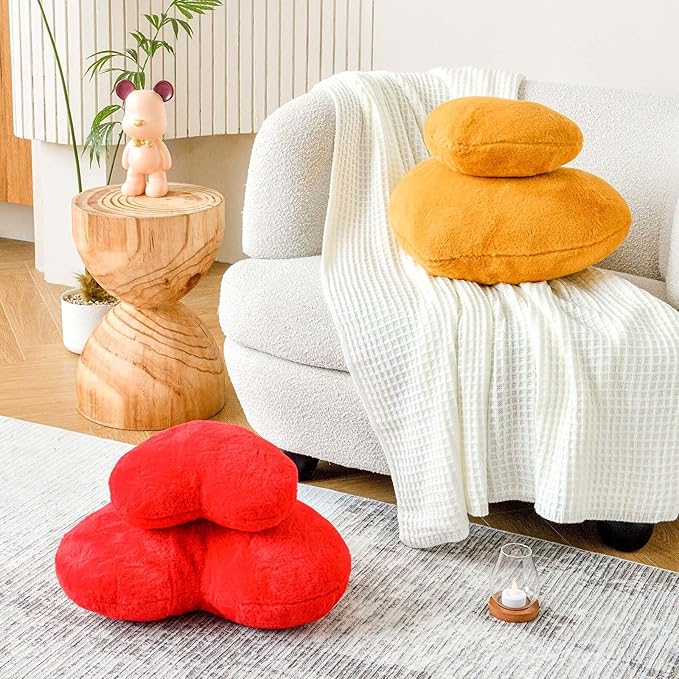 Orange Heart Pillows, Cute Heart Decorative Pillow, Heart Shaped Throw Pillows for Bed, Faux Rabbit Fur Plush Hoom Decor Pillow Cushion for Chair Sofa Living Room (Large-19.6"x15.7")