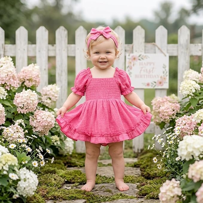 GRNSHTS Baby Girl Romper Dress, Puff Sleeve Smocked Outfit - Image 7