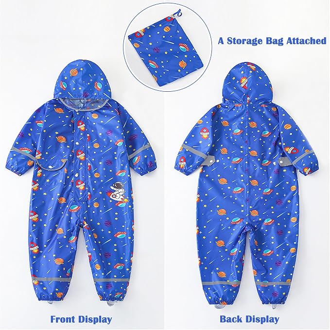 Fewlby Kids Toddler Rain Suit for Boys Girls One Piece Hoodie Zipper Cartoon - Image 5
