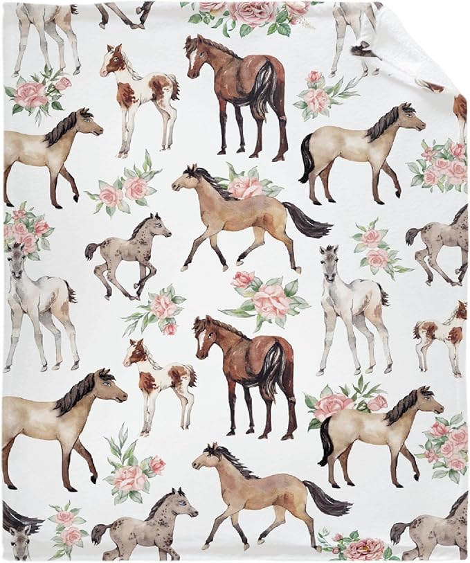 Horse Rose Blanket for Boys Girls, Flowers Kids Throw Blanket Gift for Child, Fluffy Cozy Soft Lightweight Blankets for Bed Office, 40x50 Inches