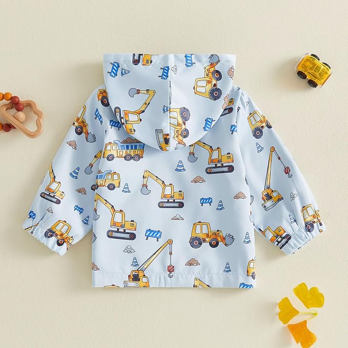 Toddler Baby Boy Lightweight Hooded Jacket Excavator Coat Outwear | Truck Print - Image 6