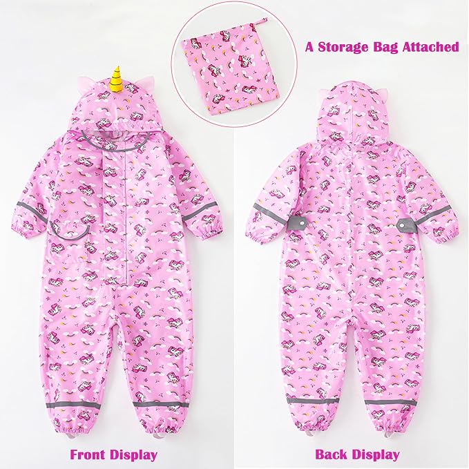 Fewlby Kids Toddler Rain Suit for Boys Girls One Piece Hoodie Zipper Cartoon - Image 7