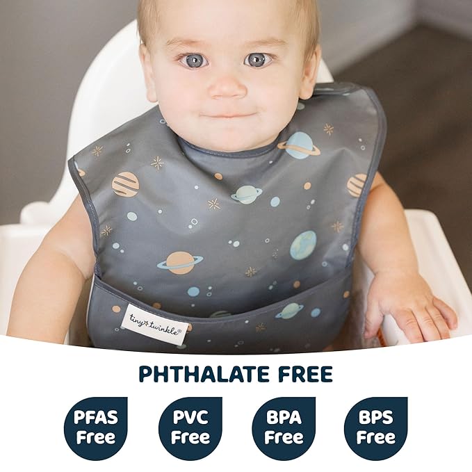 Tiny Twinkle Mess Proof Baby Bibs for Eating – Waterproof, Wipeable Toddler Bibs with Pocket – Baby Food Bibs for Girls & Boys(3 Pack, Space)