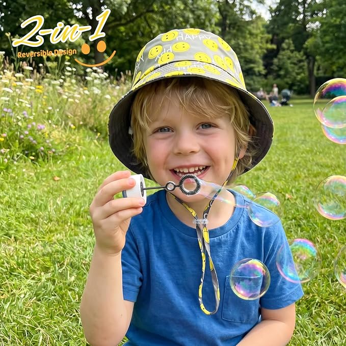 Toddler Hat Reversible Bucket Hat Happy Face Sun Hat Adjustable Chin Strap - Image 6