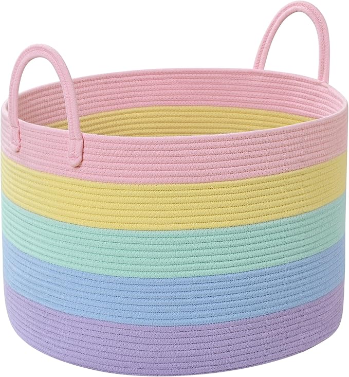 67L Rainbow Storage Basket for Organizing, 20"×13" Large Laundry Baskets, Cotton Rope Woven Blanket Basket, Toy Storage for Kids, Collapsible Blankets Storage for Living Room, Nursery Room