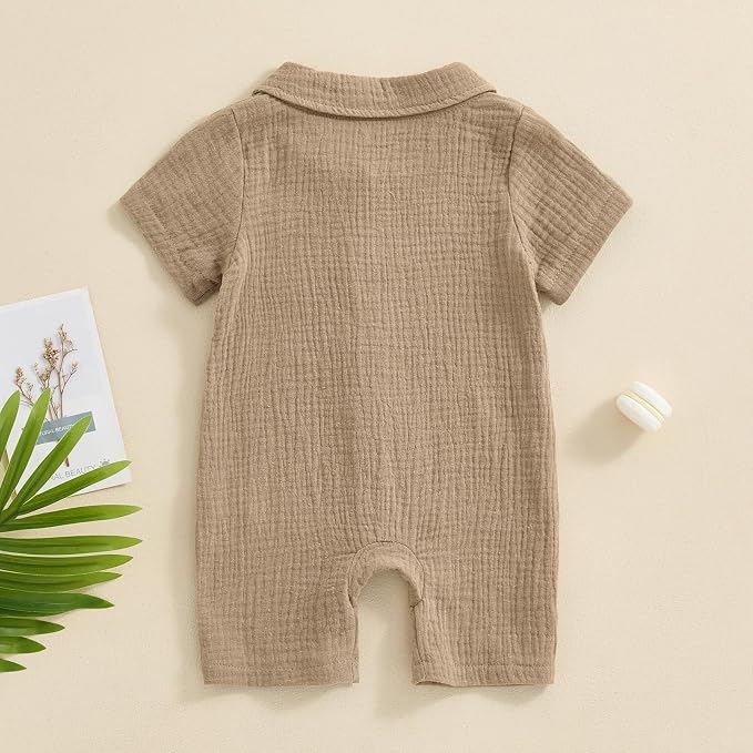 Honganda Summer Baby Boy Cotton Linen Jumpsuit Short Sleeve Button Down - Image 3