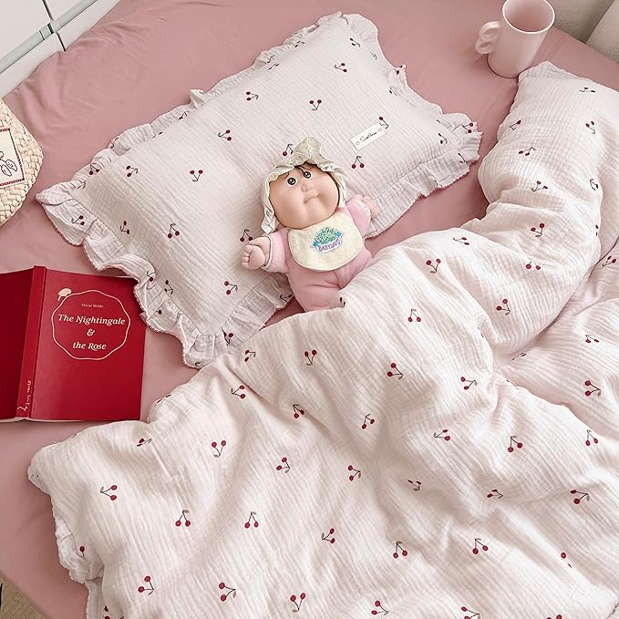 BuLuTu Cotton Muslin Kids Toddler Pillowcase Cherry Pattern, Soft Travel Pillow Ruffle Edge Nursery Pillow Case for Boys Girls, Bedding Decor, Durable Pillowcases 14"x20", 1 Piece