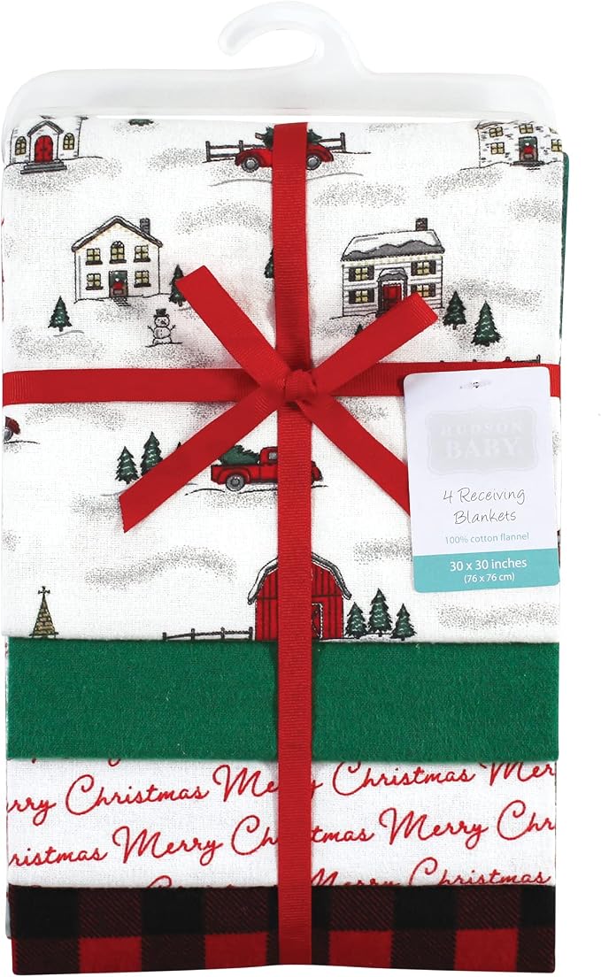 Hudson Baby Unisex Baby Cotton Flannel Receiving Blankets, Christmas Scene - Image 2