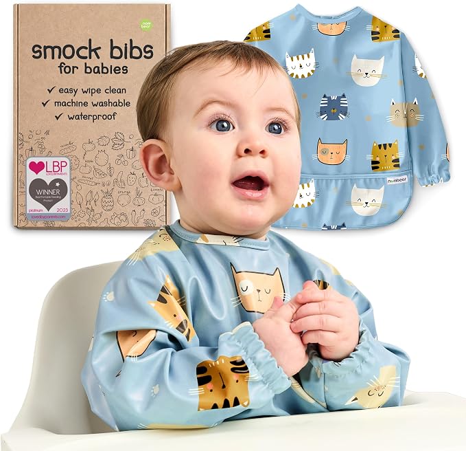 Waterproof Smock Baby Bibs for Eating | Long Sleeve Bib for Baby Led Weaning by Nombear