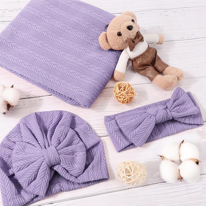 AQOKKA Newborn Receiving Blanket Wheat Ear Bow Hat Hairband Set - Image 2