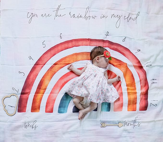 100% Organic Cotton Muslin Monthly Baby Milestone Blanket with Wooden Hello World Newborn Sign, Newborn Photography Props, Birth Announcement Sign, Rainbow