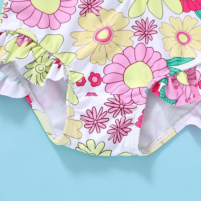 Infant Baby Girl Swimsuit One-Piece Long Sleeve Rash Guard with Hat Set Floral Zipper Bathing Suit Leopard Beach Wear
